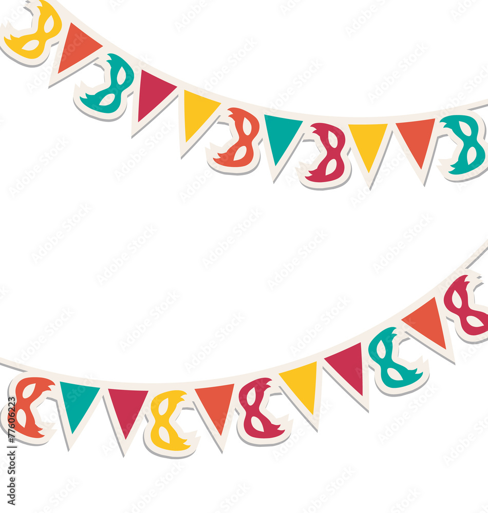 Multicolored buntings with carnival masks isolated on white back Multicolored buntings with carnival masks isolated on white back