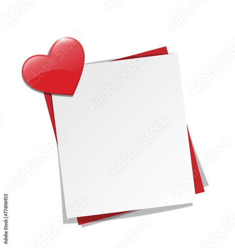 Love paper note on wall with red heart magnet isolated on white