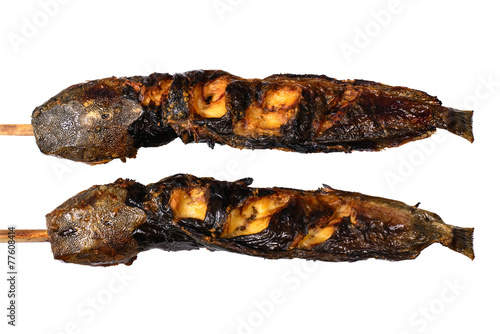 Grilled catfish with bamboo sticks, isolated on white background