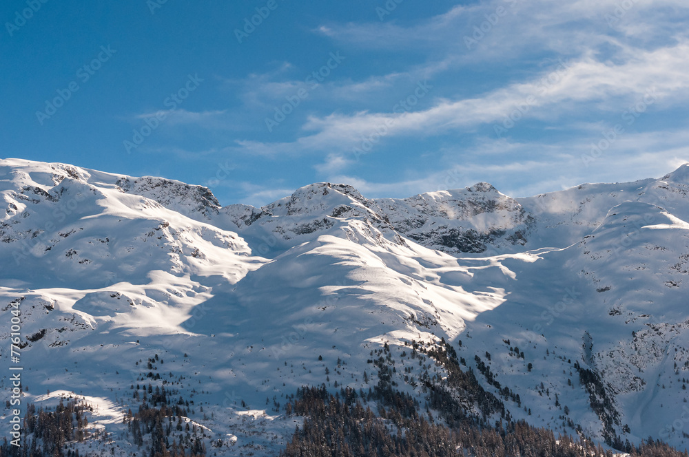 Alpine Alps mountain landscape at St Moritz. Beautiful winter