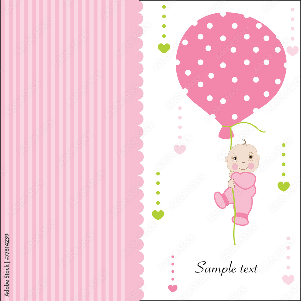 Hold the balloon baby girl arrival greeting card vector