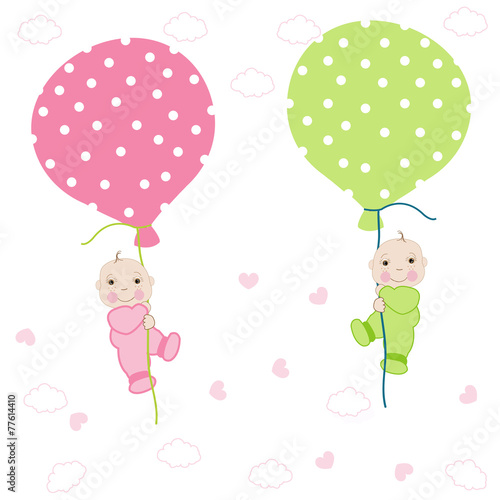 Twin baby arrival card with balloon greeting vector