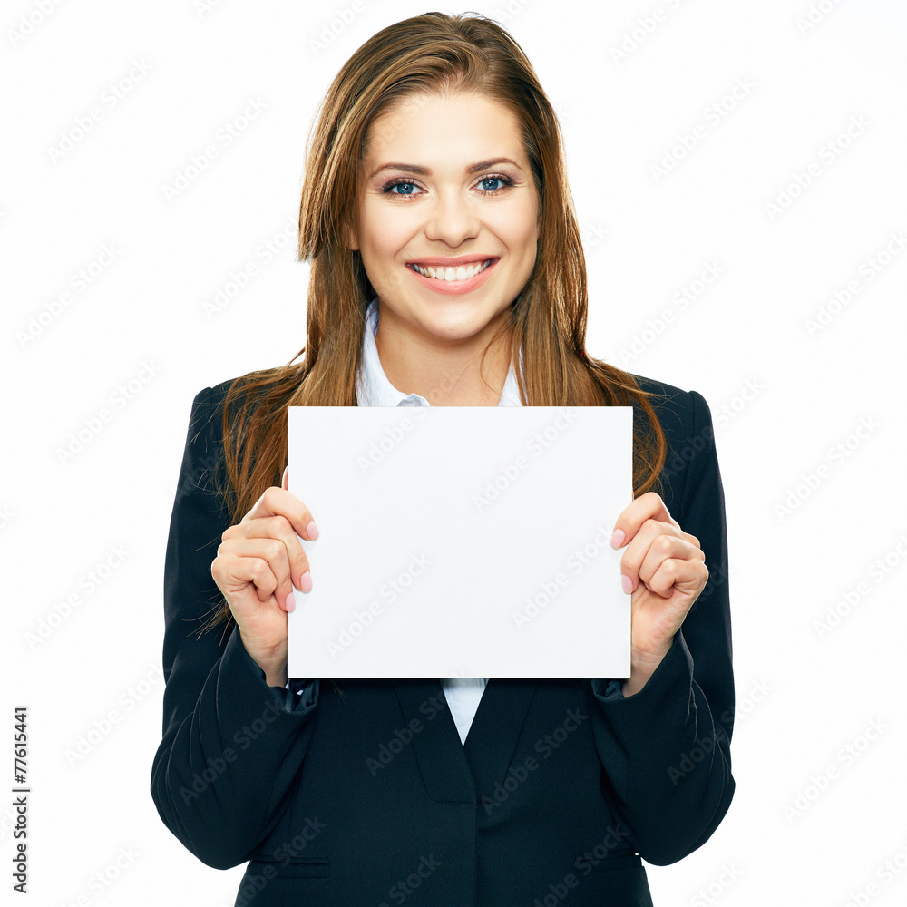 Business woman show board, banner with copy space. smiling woma Business woman show board, banner with copy space. smiling woma