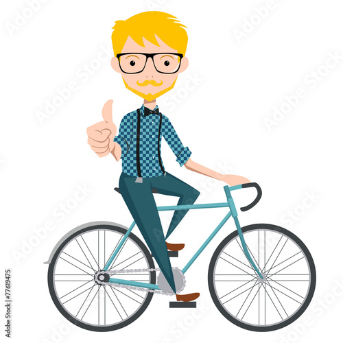 Hipster on bike, vector illustration, isolated