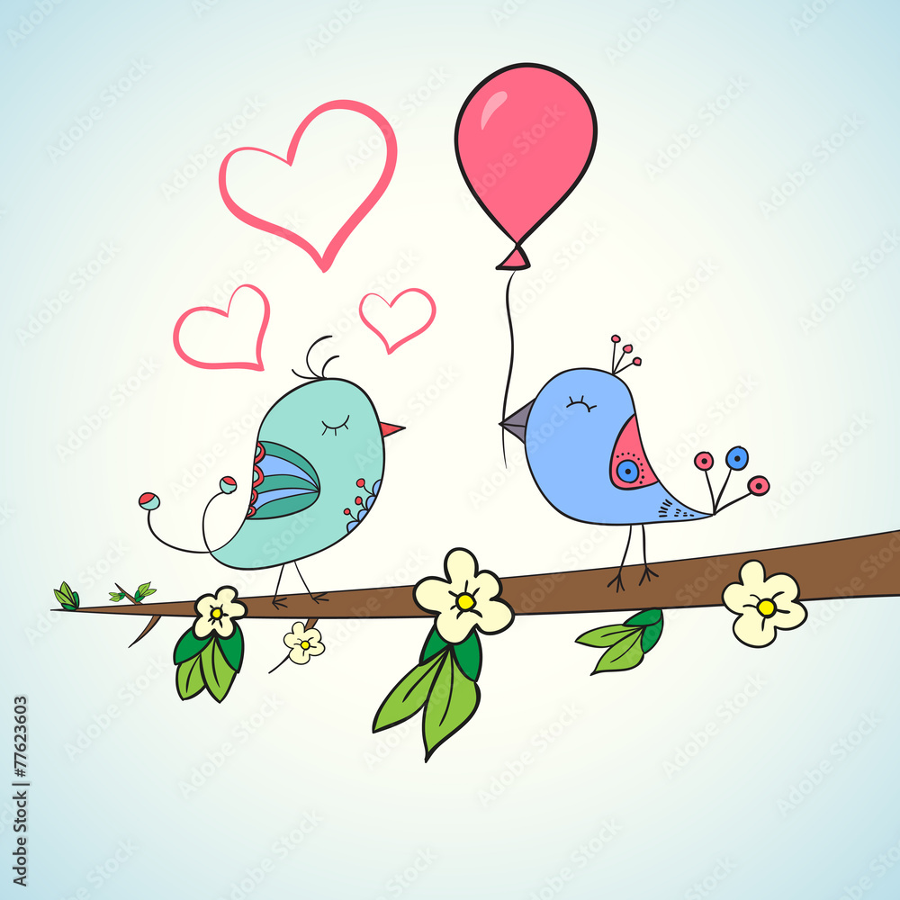 Cute bird couple on blossom branch. Doodle vector illustration Cute bird couple on blossom branch. Doodle vector illustration