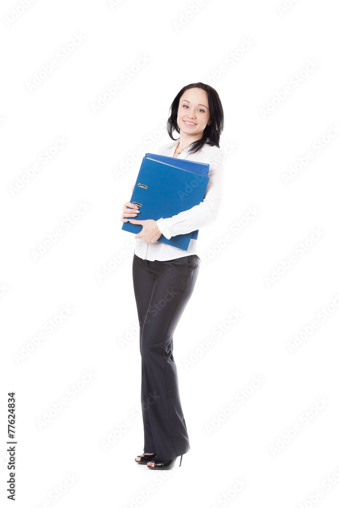 Young office woman holding document folders on white background Young office woman holding document folders on white background