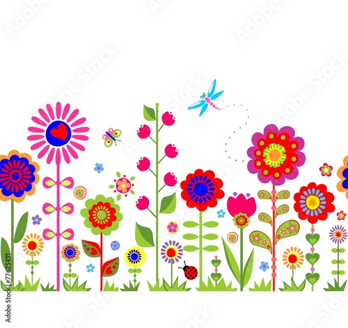 Spring seamless border with funny abstract flowers