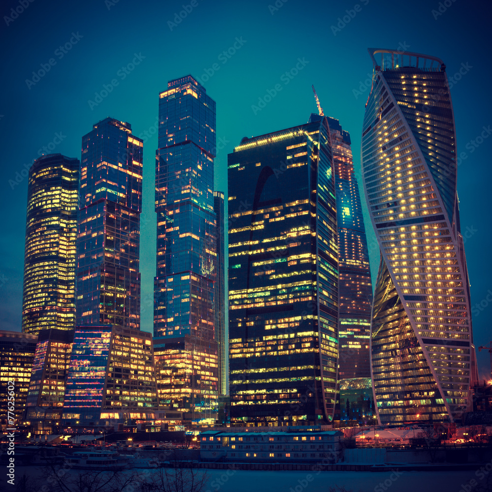 Illuminated Skyscrapers Buildings of Moscow City business comple