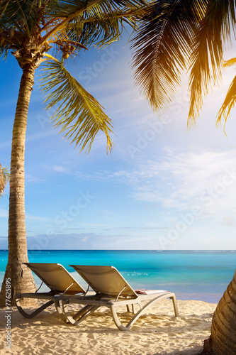 art Deckchairs in tropical beach © Konstiantyn