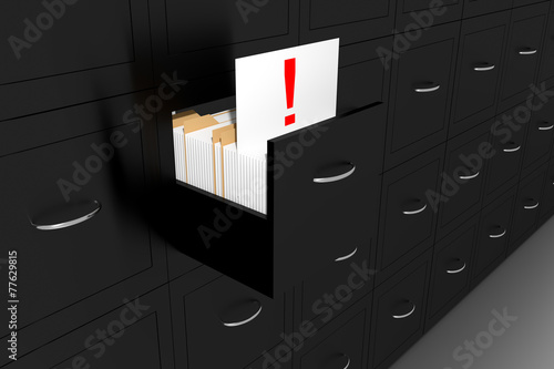 opened black file cabinet white document exclamation mark illust photo