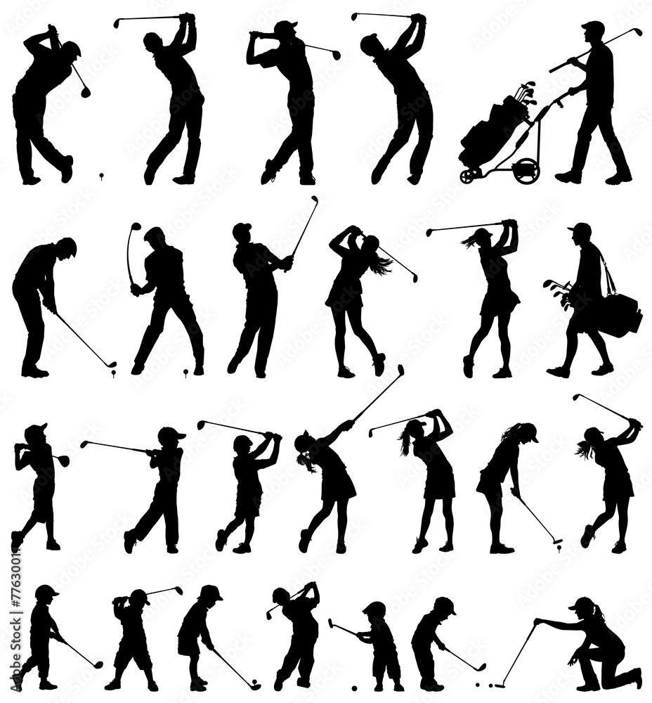 Golfer silhouettes vector collection - obrazy, fototapety, plakaty 