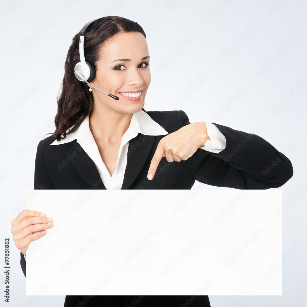 Support phone operator with signboard, on grey Support phone operator with signboard, on grey