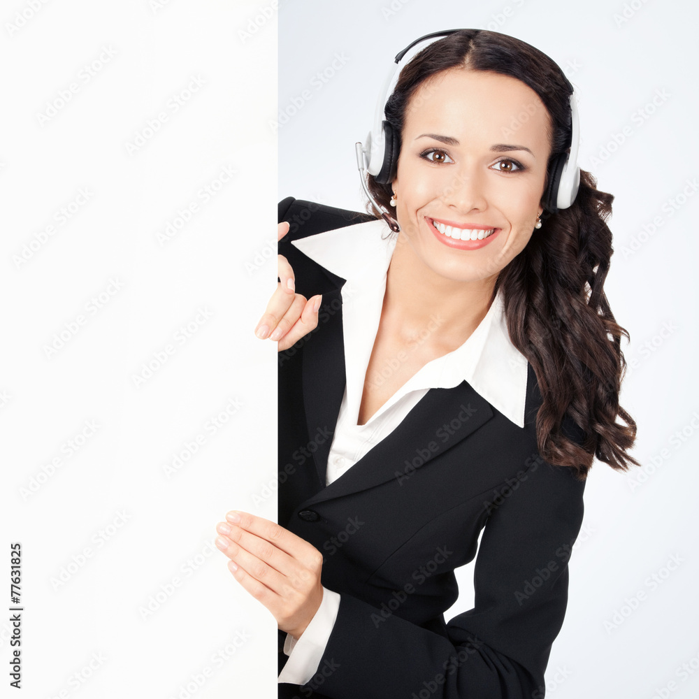 Support phone operator with signboard, on grey Support phone operator with signboard, on grey