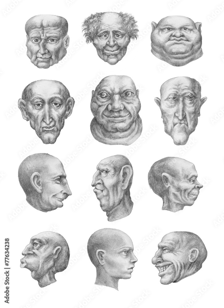 Creepy heads collection (front). Pencil hand drawings