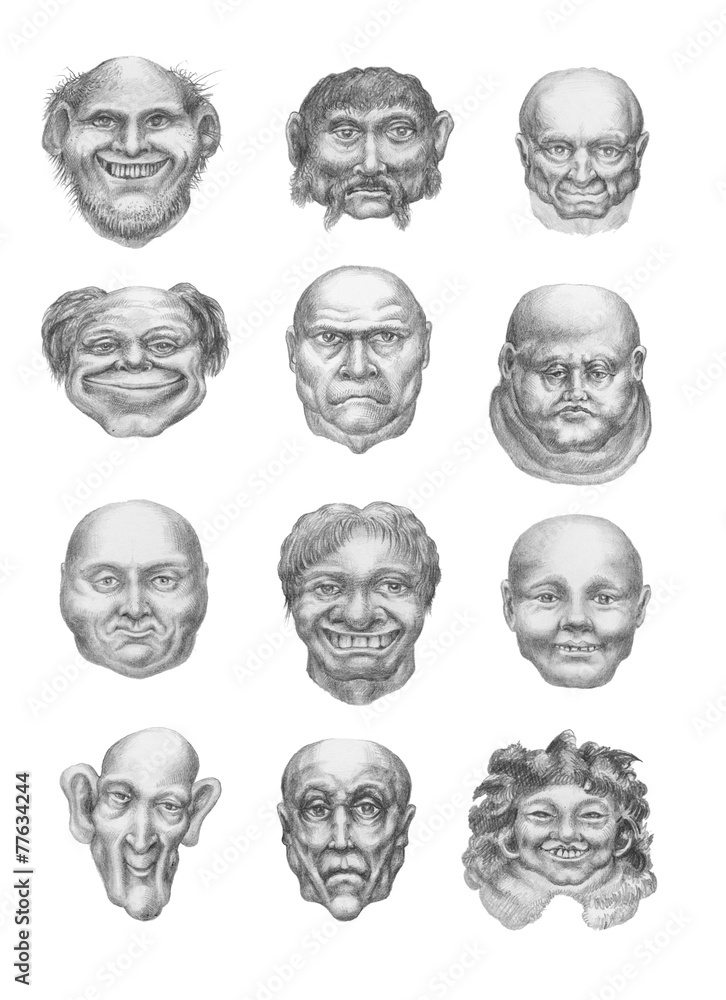 Creepy heads collection (front). Pencil hand drawings