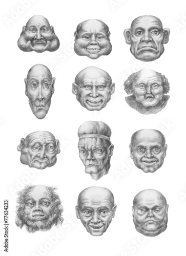 Creepy heads collection (front). Pencil hand drawings photo