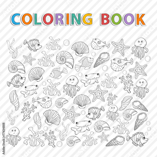 Vector coloring book.Marine life.