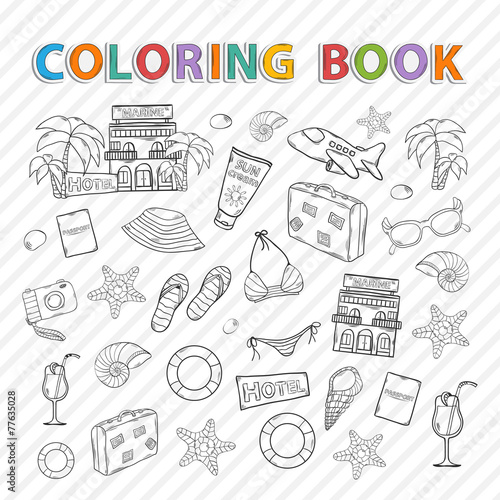 Vector coloring book.Summer set.