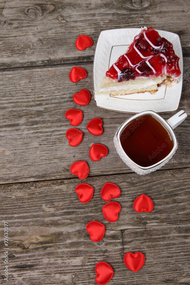Cup of tea, piece of cake and red heart Cup of tea, piece of cake and red heart