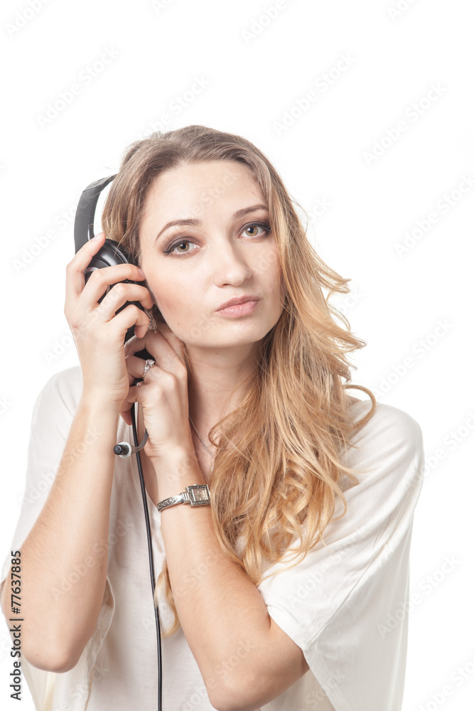Fototapeta premium Woman in call center with phone headset