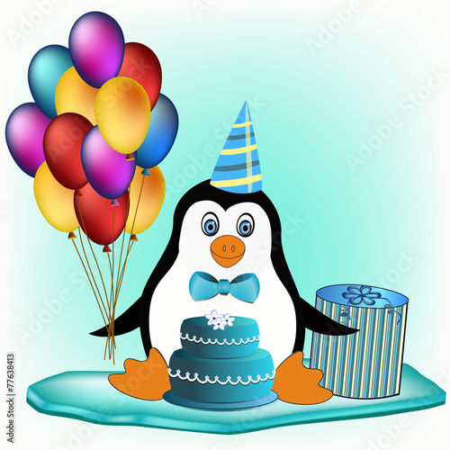 penguin with cake, balloons and cake
