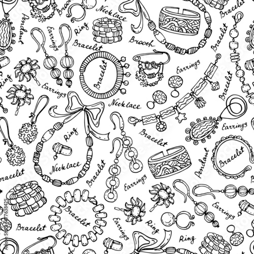 Vector pattern with hand drawn and fashionable jewelry on white