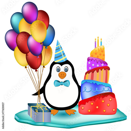 penguin with cake, balloons and cake