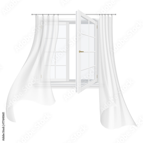 open window and fluttering curtains