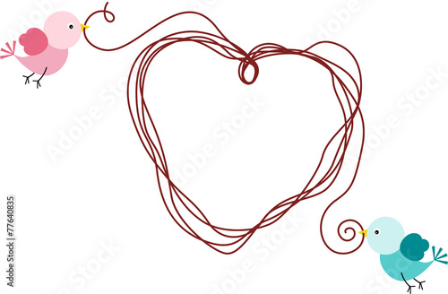 Two cute birds creating a heart with a piece of string