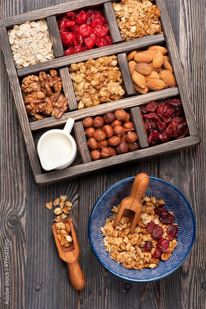 Muesli granola oatmeal with nuts, milk and dried fruits. Muesli granola oatmeal with nuts, milk and dried fruits.