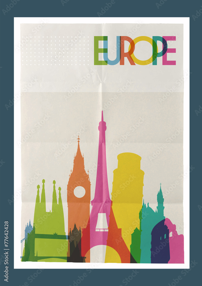 Naklejka premium Travel Europe landmarks skyline vintage poster