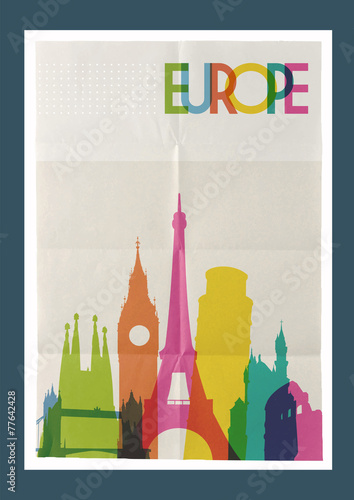 Travel Europe landmarks skyline vintage poster