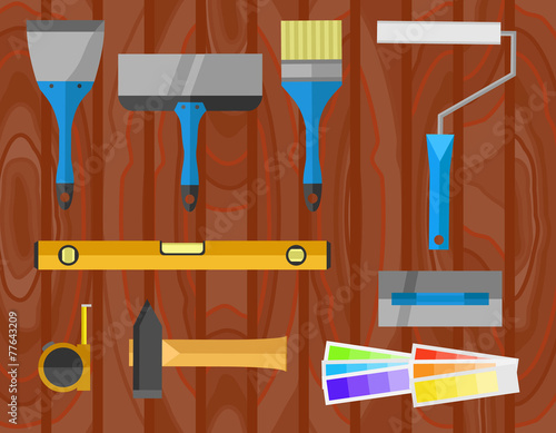 Flat icons set of repair tools on a wooden table