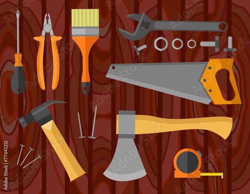 Flat icons set of construction tools on a wooden table