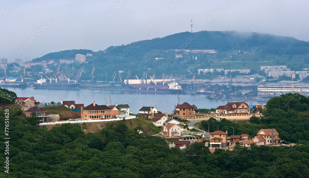 Houses on the background of the port of Nakhodka.