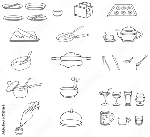 Black and white line drawing kitchenware icon set, create by vec