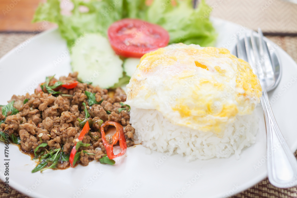 Thai spicy food basil pork fried rice with fried egg Thai spicy food basil pork fried rice with fried egg