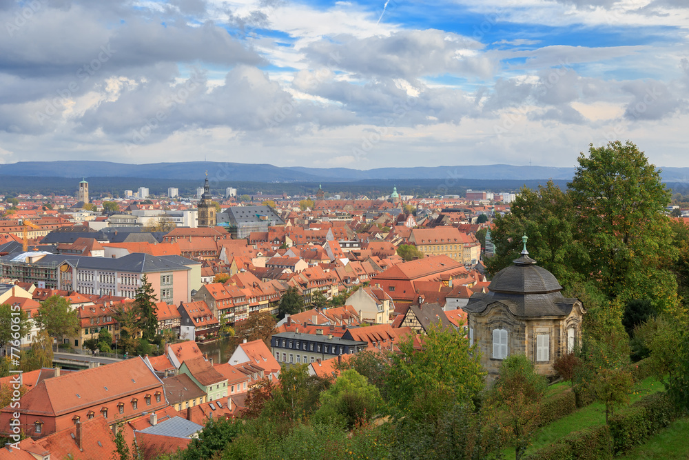 Bamberg cityscape, cloudy top view roofs