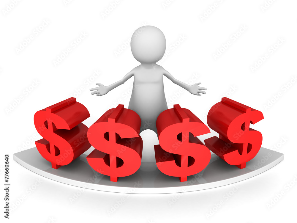 white 3d man with red dollar currency symbols white 3d man with red dollar currency symbols