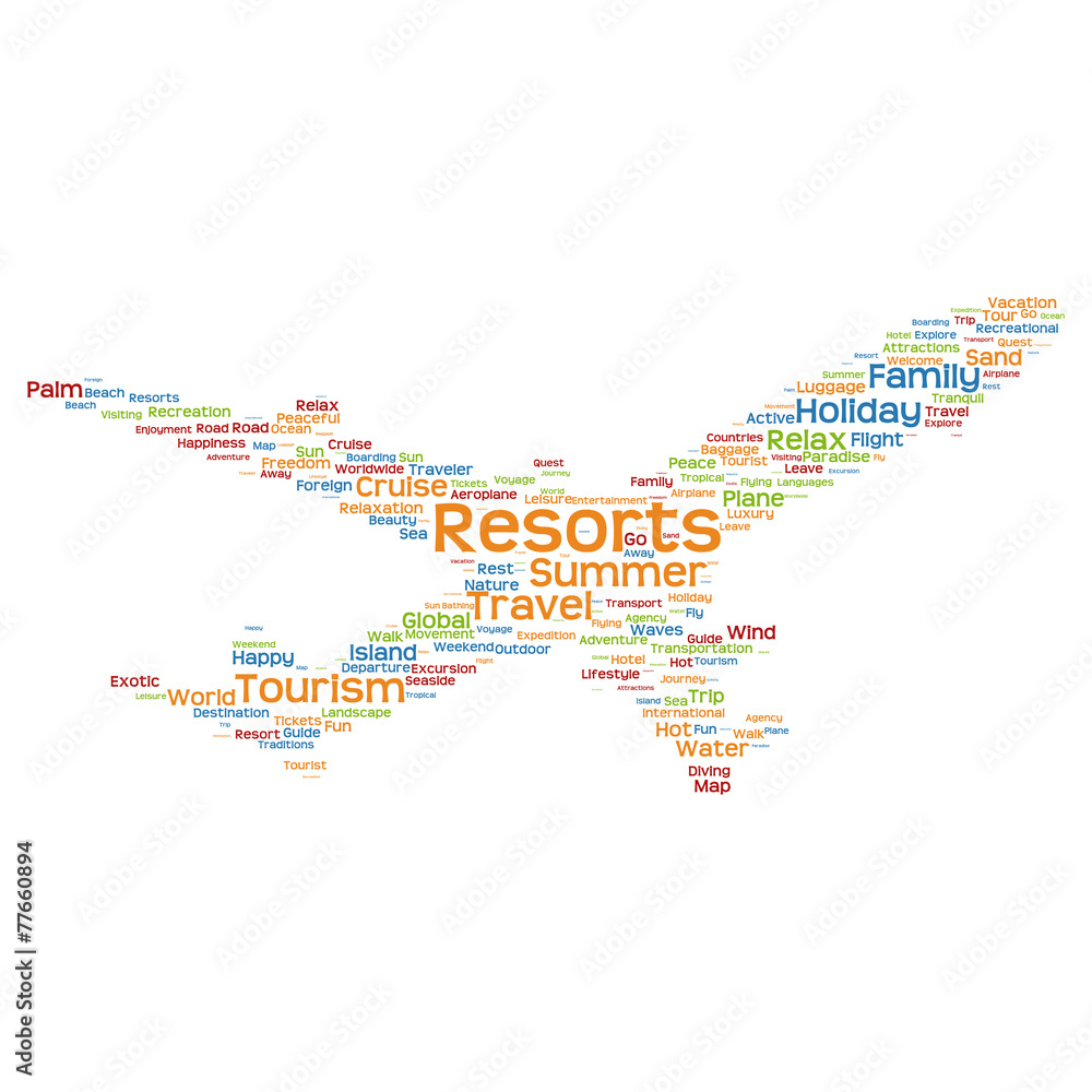 Fototapeta premium Conceptual travel or tourism plane word cloud