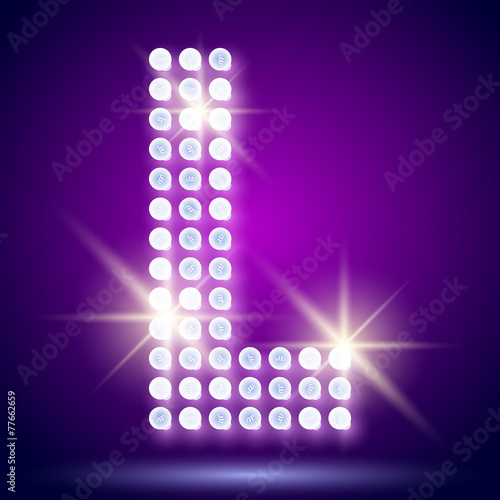 Vintage bulb lamp font of 80s disco with stars. Letter L