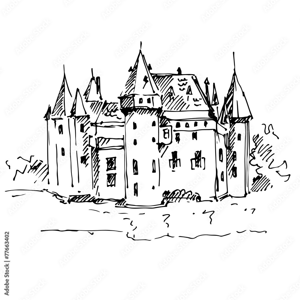 Medieval castle colorful sketch. Vector illustration.