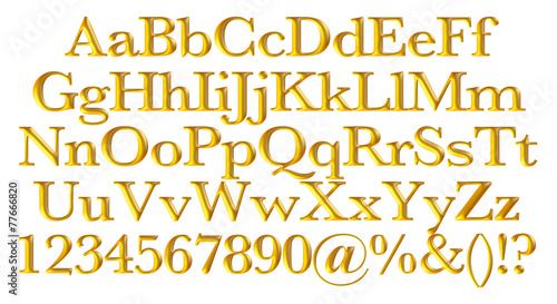 Obraz na płótnie 3D gold alphabet letters and digits on white background w salonie