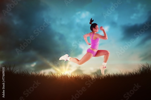Composite image of fit brunette running and jumping