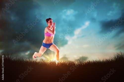 Composite image of fit brunette running and jumping