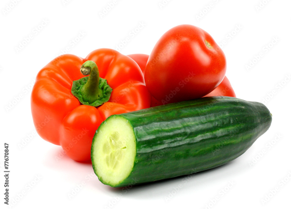 cucumber tomato pepper on white background