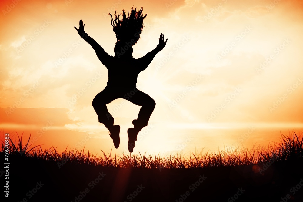 Composite image of full length of a sporty young blond jumping Composite image of full length of a sporty young blond jumping
