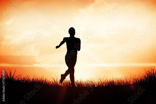 Composite image of fit brunette running and jumping