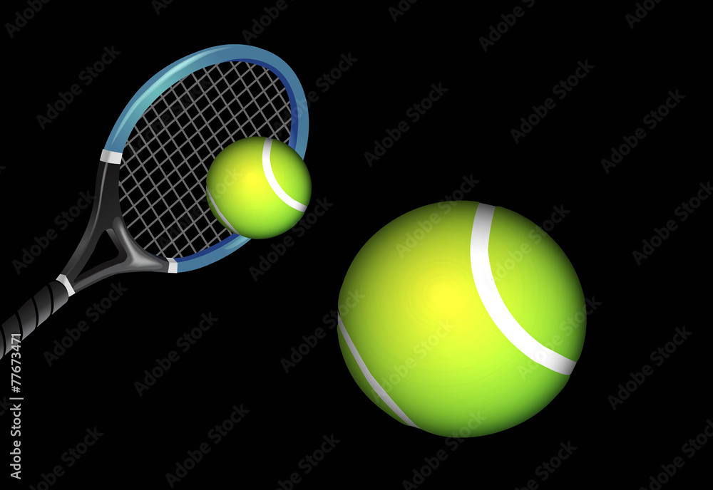 Tenis, pelota, raqueta, fondo negro, deporte, 3D Stock Illustration | Adobe  Stock