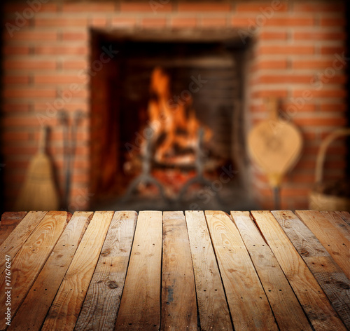 wooden table with fireplace